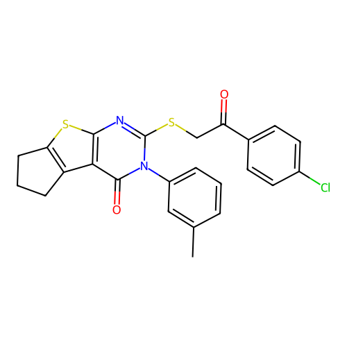 2-((2-(4-chlorophenyl)-2-oxoethyl)thio)-3-(m-tolyl)-6,7-dihydro-3H-cyclopenta[4,5]thieno[2,3-d]pyrimidin-4(5H)-one structure