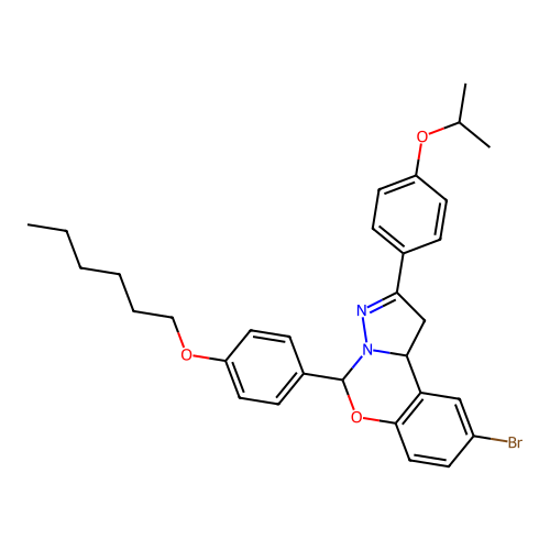 9-bromo-5-(4-(hexyloxy)phenyl)-2-(4-isopropoxyphenyl)-5,10b-dihydro-1H-benzo[e]pyrazolo[1,5-c][1,3]oxazine structure