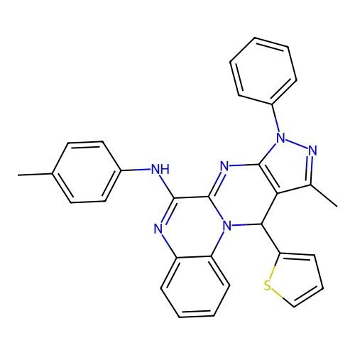 10-methyl-8-phenyl-11-(thiophen-2-yl)-N-(p-tolyl)-8,11-dihydropyrazolo[3',4':4,5]pyrimido[1,2-a]quinoxalin-6-amine structure