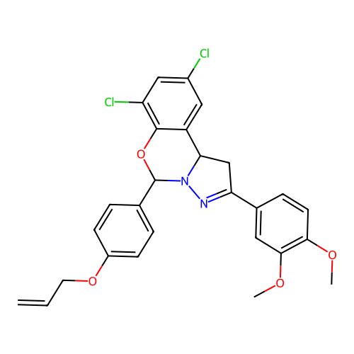 4-[2,4-dichloro-6-(4-prop-2-enyloxyphenyl)(6H,10aH-benzo[e]2-pyrazolino[1,5-c] 1,3-oxazin-9-yl)]-1,2-dimethoxybenzene structure