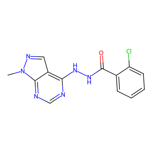 2-chloro-N'-(1-methyl-1H-pyrazolo[3,4-d]pyrimidin-4-yl)benzohydrazide structure