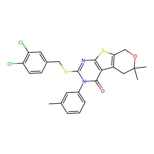 2-((3,4-dichlorobenzyl)thio)-6,6-dimethyl-3-(m-tolyl)-5,6-dihydro-3H-pyrano[4',3':4,5]thieno[2,3-d]pyrimidin-4(8H)-one structure