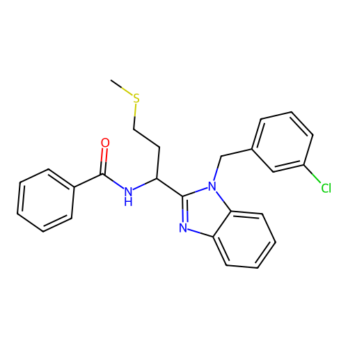 N-(1-(1-(3-chlorobenzyl)-1H-benzo[d]imidazol-2-yl)-3-(methylthio)propyl)benzamide structure