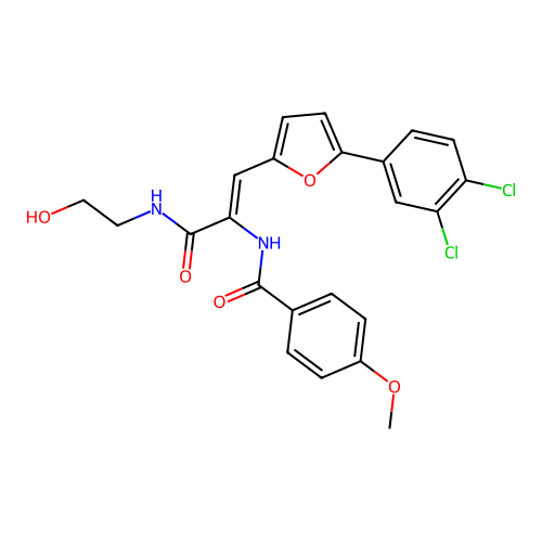 N-{(1Z)-1-[5-(3,4-dichlorophenyl)furan-2-yl]-3-[(2-hydroxyethyl)amino]-3-oxoprop-1-en-2-yl}-4-methoxybenzamide structure