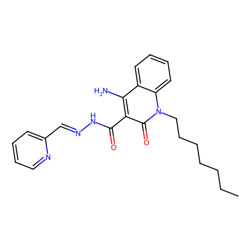 4-amino-1-heptyl-2-oxo-N-(pyridin-2-ylmethylideneamino)quinoline-3-carboxamide structure