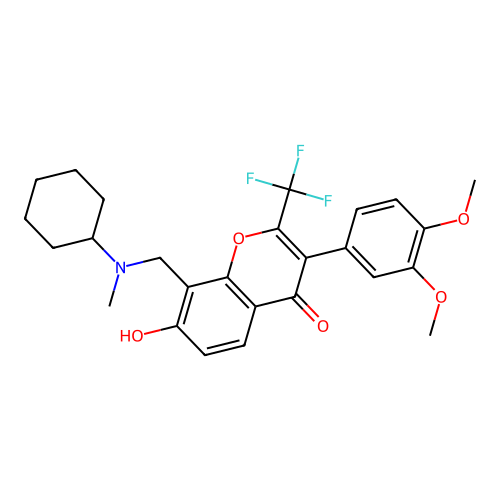 8-{[cyclohexyl(methyl)amino]methyl}-3-(3,4-dimethoxyphenyl)-7-hydroxy-2-(trifluoromethyl)-4H-chromen-4-one structure