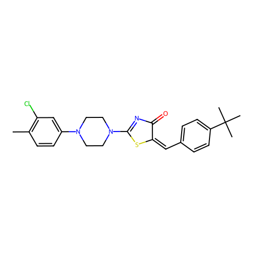 (5E)-5-(4-tert-butylbenzylidene)-2-[4-(3-chloro-4-methylphenyl)piperazin-1-yl]-1,3-thiazol-4(5H)-one structure