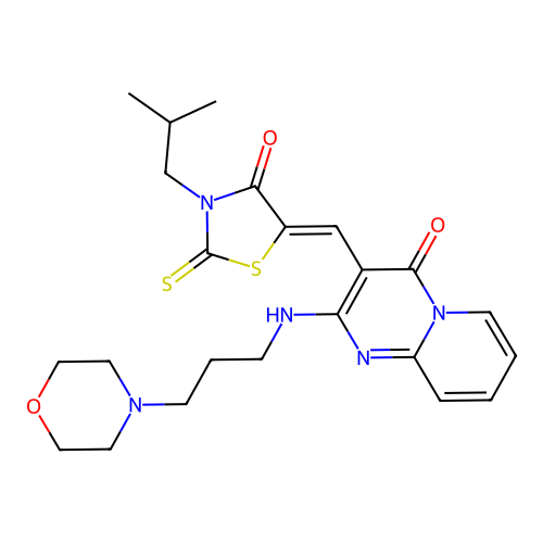 3-[(Z)-(3-isobutyl-4-oxo-2-thioxo-1,3-thiazolidin-5-ylidene)methyl]-2-[(3-morpholin-4-ylpropyl)amino]-4H-pyrido[1,2-a]pyrimidin-4-one structure