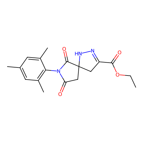 ethyl 6,8-dioxo-7-(2,4,6-trimethylphenyl)-1,2,7-triazaspiro[4.4]non-2-ene-3-carboxylate structure