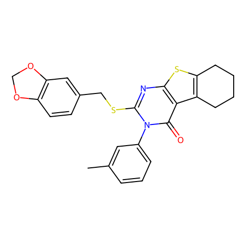 2-((benzo[d][1,3]dioxol-5-ylmethyl)thio)-3-(m-tolyl)-5,6,7,8-tetrahydrobenzo[4,5]thieno[2,3-d]pyrimidin-4(3H)-one structure