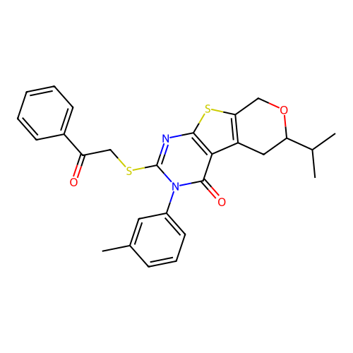 3-(3-methylphenyl)-2-[(2-oxo-2-phenylethyl)sulfanyl]-6-(propan-2-yl)-3,5,6,8-tetrahydro-4H-pyrano[4',3':4,5]thieno[2,3-d]pyrimidin-4-one structure