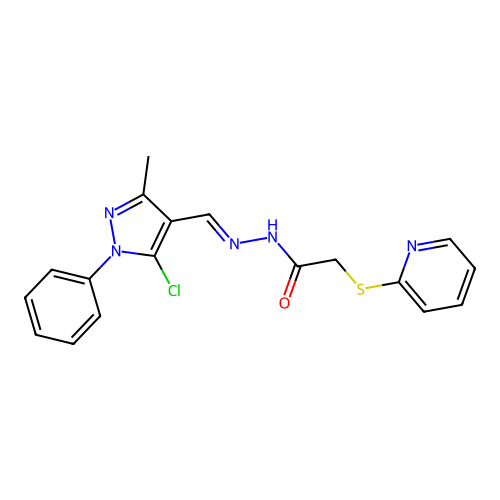 (E)-N'-((5-chloro-3-methyl-1-phenyl-1H-pyrazol-4-yl)methylene)-2-(pyridin-2-ylthio)acetohydrazide structure
