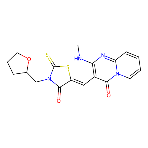 2-(methylamino)-3-{(Z)-[4-oxo-3-(tetrahydrofuran-2-ylmethyl)-2-thioxo-1,3-thiazolidin-5-ylidene]methyl}-4H-pyrido[1,2-a]pyrimidin-4-one structure