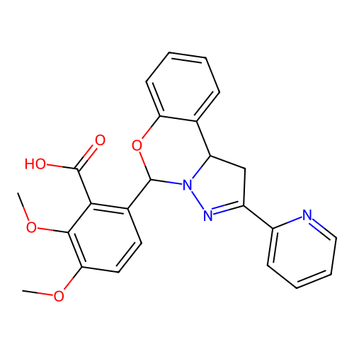 2,3-dimethoxy-6-(2-(pyridin-2-yl)-5,10b-dihydro-1H-benzo[e]pyrazolo[1,5-c][1,3]oxazin-5-yl)benzoic acid structure