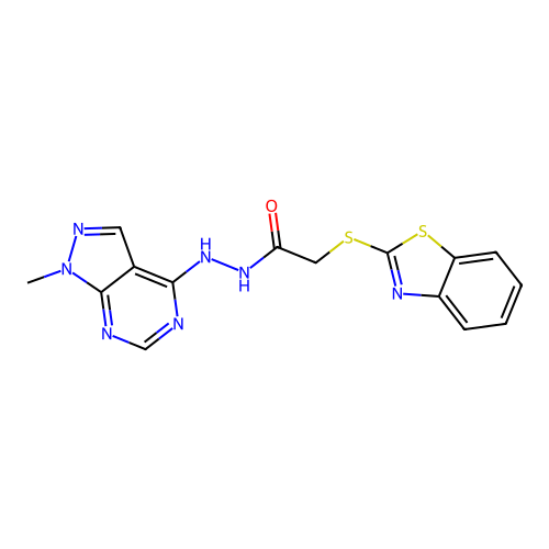 2-(1,3-benzothiazol-2-ylsulfanyl)-N'-(1-methylpyrazolo[3,4-d]pyrimidin-4-yl)acetohydrazide structure