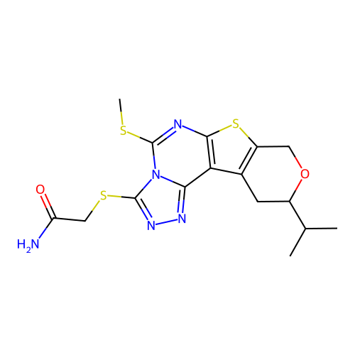 2-((10-isopropyl-5-(methylthio)-10,11-dihydro-8H-pyrano[4',3':4,5]thieno[3,2-e][1,2,4]triazolo[4,3-c]pyrimidin-3-yl)thio)acetamide structure