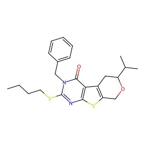 3-benzyl-2-(butylsulfanyl)-6-(propan-2-yl)-3,5,6,8-tetrahydro-4H-pyrano[4',3':4,5]thieno[2,3-d]pyrimidin-4-one structure