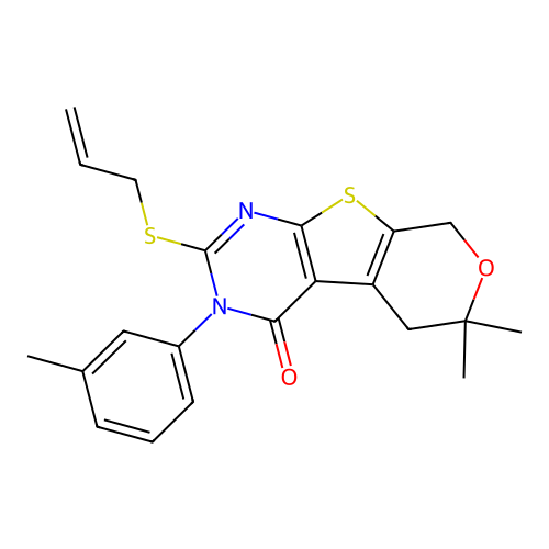 2-(allylthio)-6,6-dimethyl-3-(m-tolyl)-5,6-dihydro-3H-pyrano[4',3':4,5]thieno[2,3-d]pyrimidin-4(8H)-one structure