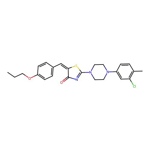 (5E)-2-[4-(3-chloro-4-methylphenyl)piperazin-1-yl]-5-(4-propoxybenzylidene)-1,3-thiazol-4(5H)-one structure