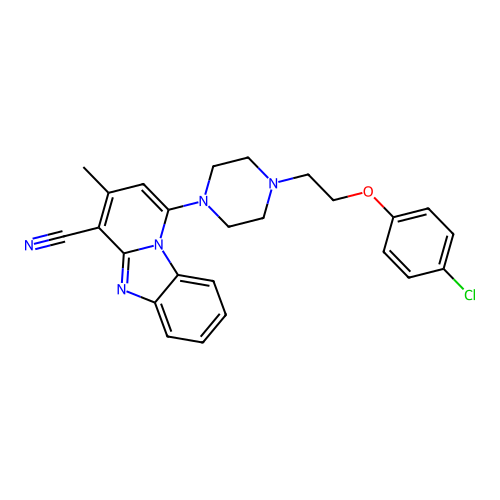 1-(4-(2-(4-chlorophenoxy)ethyl)piperazin-1-yl)-3-methylbenzo[4,5]imidazo[1,2-a]pyridine-4-carbonitrile structure