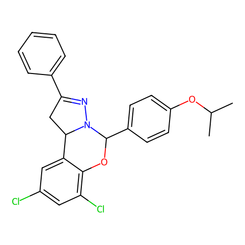 1-(2,4-dichloro-9-phenyl(6H,10aH-benzo[e]2-pyrazolino[1,5-c]1,3-oxazin-6-yl))- 4-(methylethoxy)benzene structure