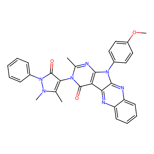 3-(1,5-dimethyl-3-oxo-2-phenyl-2,3-dihydro-1H-pyrazol-4-yl)-11-(4-methoxyphenyl)-2-methyl-3,11-dihydro-4H-pyrimido[5',4':4,5]pyrrolo[2,3-b]quinoxalin-4-one structure