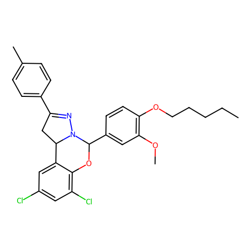 4-[2,4-dichloro-9-(4-methylphenyl)(6H,10aH-benzo[e]2-pyrazolino[1,5-c]1,3-oxaz in-6-yl)]-2-methoxy-1-pentyloxybenzene structure