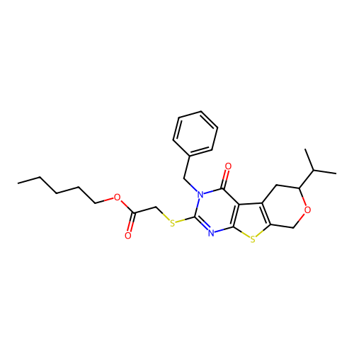 pentyl {[3-benzyl-4-oxo-6-(propan-2-yl)-3,5,6,8-tetrahydro-4H-pyrano[4',3':4,5]thieno[2,3-d]pyrimidin-2-yl]sulfanyl}acetate structure