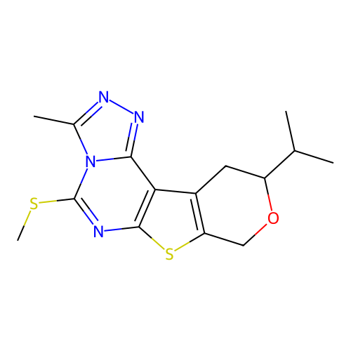 10-isopropyl-3-methyl-5-(methylthio)-10,11-dihydro-8H-pyrano[4',3':4,5]thieno[3,2-e][1,2,4]triazolo[4,3-c]pyrimidine structure