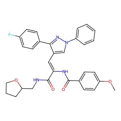 N-{(1Z)-1-[3-(4-fluorophenyl)-1-phenyl-1H-pyrazol-4-yl]-3-oxo-3-[(tetrahydrofuran-2-ylmethyl)amino]prop-1-en-2-yl}-4-methoxybenzamide structure