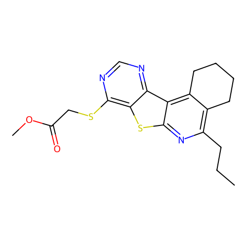 methyl [(5-propyl-1,2,3,4-tetrahydropyrimido[4',5':4,5]thieno[2,3-c]isoquinolin-8-yl)sulfanyl]acetate structure