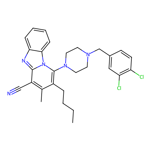 2-butyl-1-[4-(3,4-dichlorobenzyl)piperazin-1-yl]-3-methylpyrido[1,2-a]benzimidazole-4-carbonitrile structure