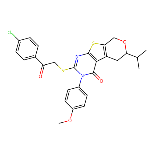 2-((2-(4-chlorophenyl)-2-oxoethyl)thio)-6-isopropyl-3-(4-methoxyphenyl)-5,6-dihydro-3H-pyrano[4',3':4,5]thieno[2,3-d]pyrimidin-4(8H)-one structure
