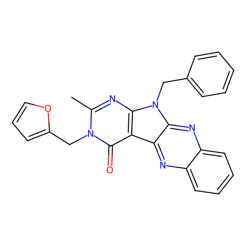 11-benzyl-3-(furan-2-ylmethyl)-2-methyl-3,11-dihydro-4H-pyrimido[5',4':4,5]pyrrolo[2,3-b]quinoxalin-4-one structure