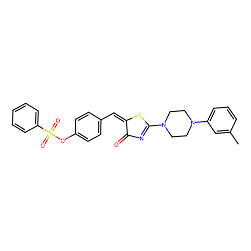 (E)-4-((4-oxo-2-(4-(m-tolyl)piperazin-1-yl)thiazol-5(4H)-ylidene)methyl)phenyl benzenesulfonate structure