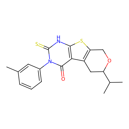 6-isopropyl-2-mercapto-3-(m-tolyl)-5,6-dihydro-3H-pyrano[4',3':4,5]thieno[2,3-d]pyrimidin-4(8H)-one structure