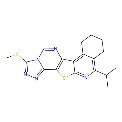 11-isopropyl-3-(methylthio)-7,8,9,10-tetrahydro-[1,2,4]triazolo[4'',3'':1',6']pyrimido[4',5':4,5]thieno[2,3-c]isoquinoline structure