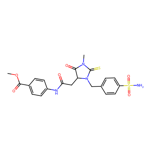 methyl 4-({[1-methyl-5-oxo-3-(4-sulfamoylbenzyl)-2-thioxoimidazolidin-4-yl]acetyl}amino)benzoate structure