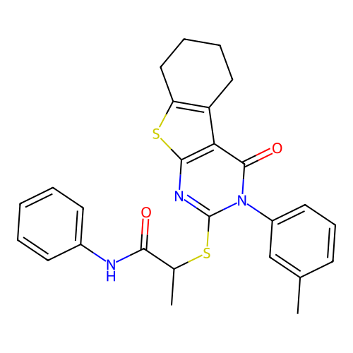 2-((4-oxo-3-(m-tolyl)-3,4,5,6,7,8-hexahydrobenzo[4,5]thieno[2,3-d]pyrimidin-2-yl)thio)-N-phenylpropanamide structure