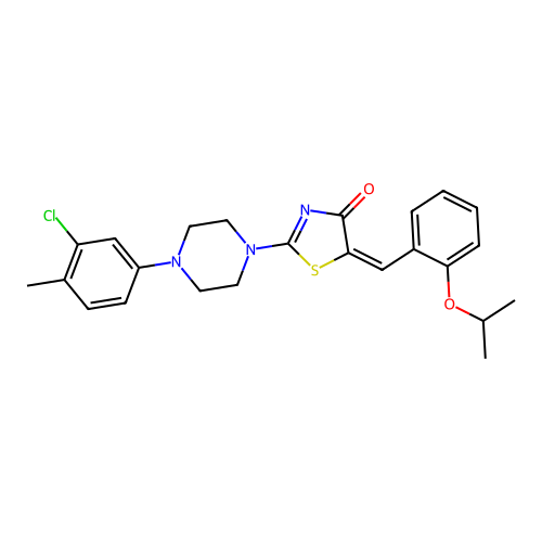 (5E)-2-[4-(3-chloro-4-methylphenyl)piperazin-1-yl]-5-[(2-propan-2-yloxyphenyl)methylidene]-1,3-thiazol-4-one structure