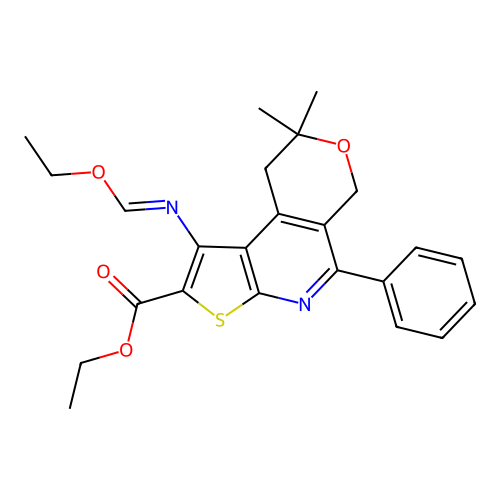 (E)-ethyl 1-((ethoxymethylene)amino)-8,8-dimethyl-5-phenyl-8,9-dihydro-6H-pyrano[4,3-d]thieno[2,3-b]pyridine-2-carboxylate structure