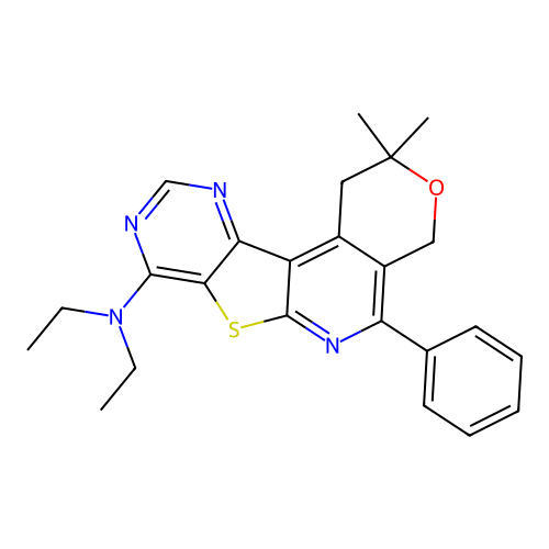 N,N-diethyl-2,2-dimethyl-5-phenyl-2,4-dihydro-1H-pyrano[4'',3'':4',5']pyrido[3',2':4,5]thieno[3,2-d]pyrimidin-8-amine structure