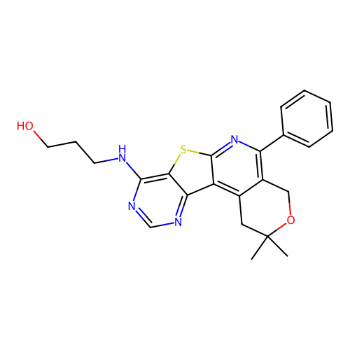 3-((2,2-dimethyl-5-phenyl-2,4-dihydro-1H-pyrano[4'',3'':4',5']pyrido[3',2':4,5]thieno[3,2-d]pyrimidin-8-yl)amino)propan-1-ol structure