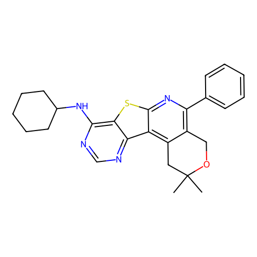 N-cyclohexyl-2,2-dimethyl-5-phenyl-2,4-dihydro-1H-pyrano[4'',3'':4',5']pyrido[3',2':4,5]thieno[3,2-d]pyrimidin-8-amine structure