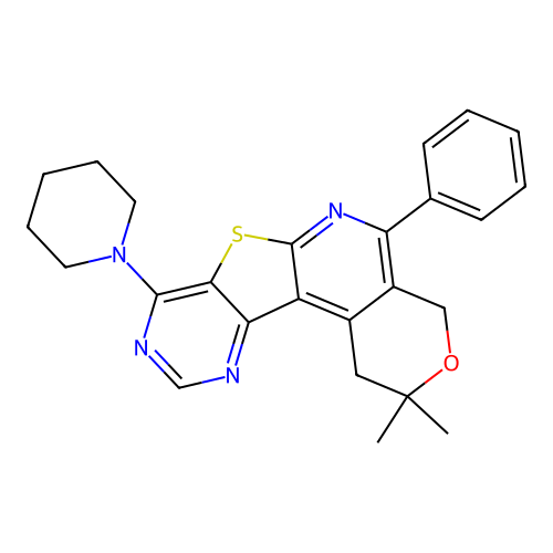 2,2-dimethyl-5-phenyl-8-(piperidin-1-yl)-2,4-dihydro-1H-pyrano[4'',3'':4',5']pyrido[3',2':4,5]thieno[3,2-d]pyrimidine structure