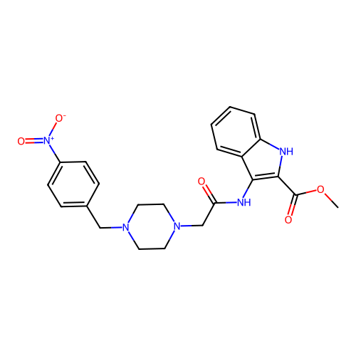 Methyl 3-[[2-[4-[(4-nitrophenyl)methyl]piperazin-1-yl]acetyl]amino]-1H-indole-2-carboxylate structure