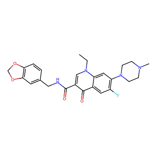 N-(1,3-benzodioxol-5-ylmethyl)-1-ethyl-6-fluoro-7-(4-methylpiperazin-1-yl)-4-oxo-1,4-dihydroquinoline-3-carboxamide structure