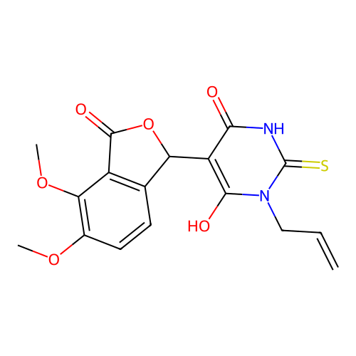 1-allyl-5-(4,5-dimethoxy-3-oxo-1,3-dihydroisobenzofuran-1-yl)-6-hydroxy-2-thioxo-2,3-dihydropyrimidin-4(1H)-one structure