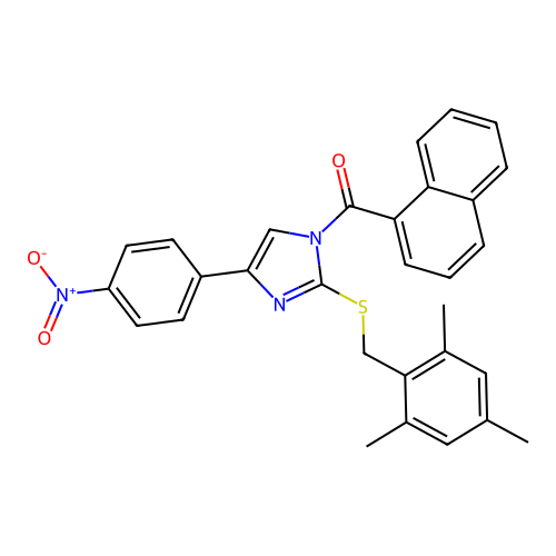 naphthalen-1-yl(4-(4-nitrophenyl)-2-((2,4,6-trimethylbenzyl)thio)-1H-imidazol-1-yl)methanone structure