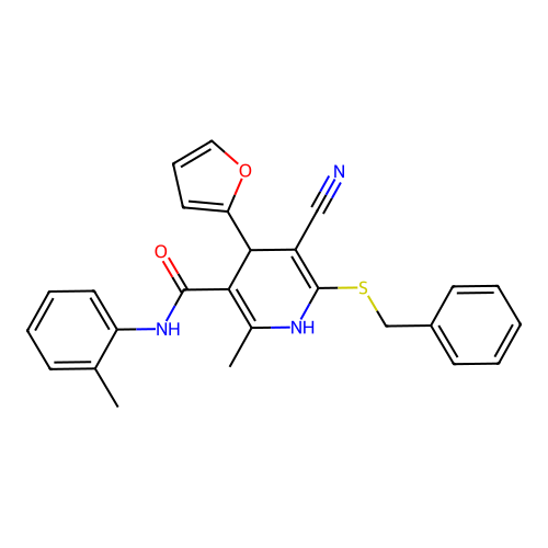 6-(benzylsulfanyl)-5-cyano-4-(furan-2-yl)-2-methyl-N-(2-methylphenyl)-1,4-dihydropyridine-3-carboxamide structure